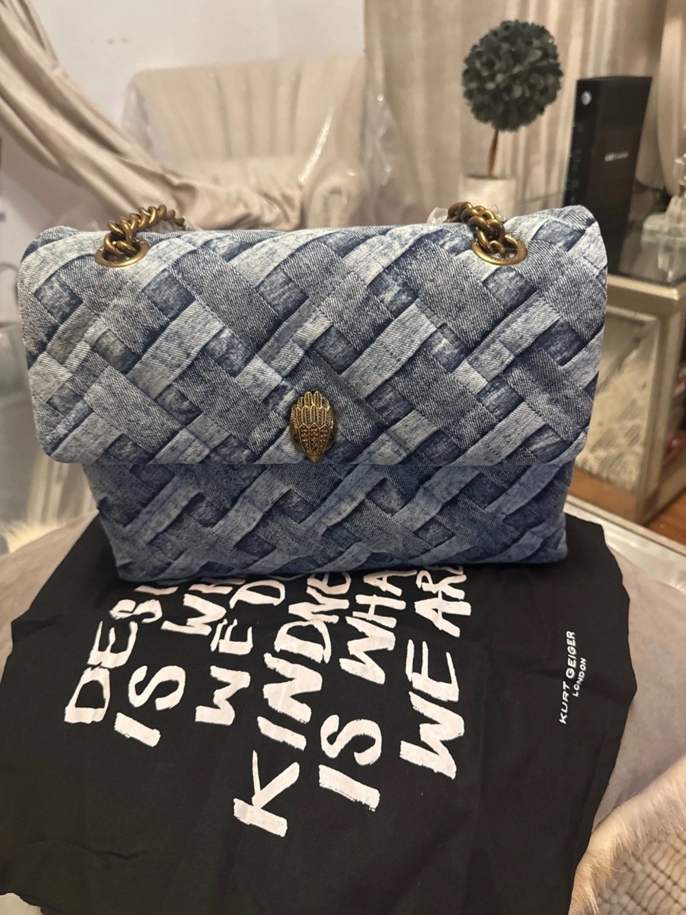 Kurt Geiger Quilted Denim-Effect Woven Shoulder Bag with Gold Hardware